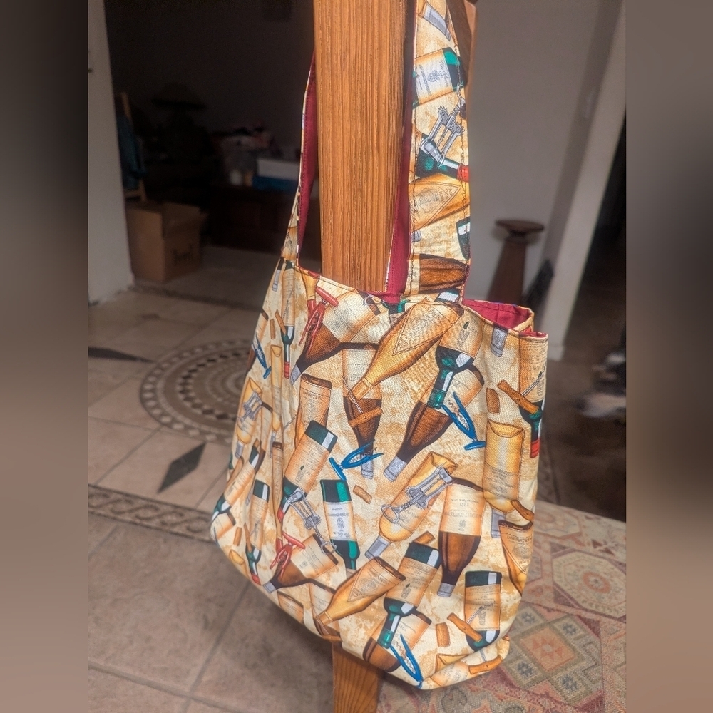Wine Design Fabric Tote Reusable Grocery Bag Handmade